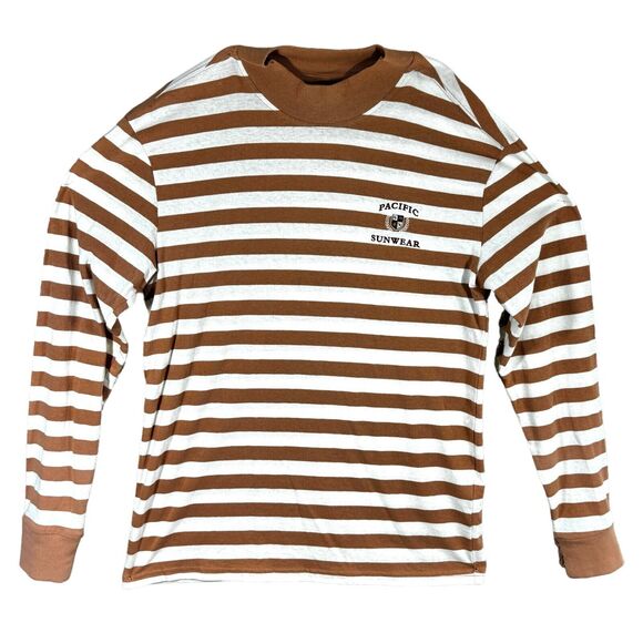 Pacsun Men's Pacific Sunwear Logo Preppy Tan White Striped Long-sleeved Crewneck - Picture 1 of 4